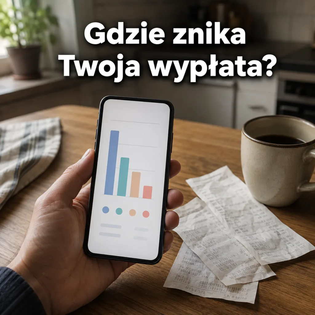 Reklama aplikacji Groszek: dłoń z telefonem nad stołem z paragonami i napisem „Gdzie znika Twoja wypłata?"
