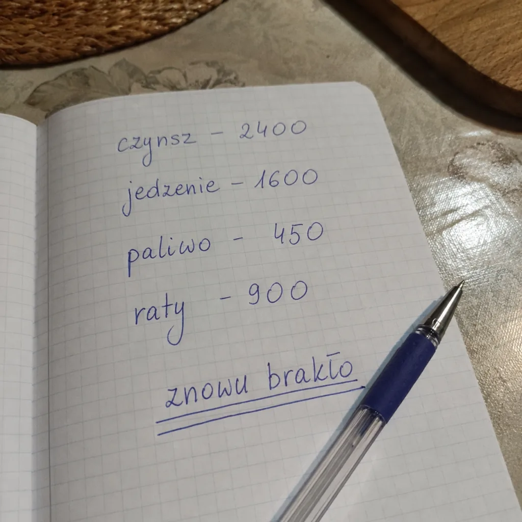 Surowa reklama: kartka z odręcznie spisanym budżetem domowym i podkreślonym napisem „znowu brakło"