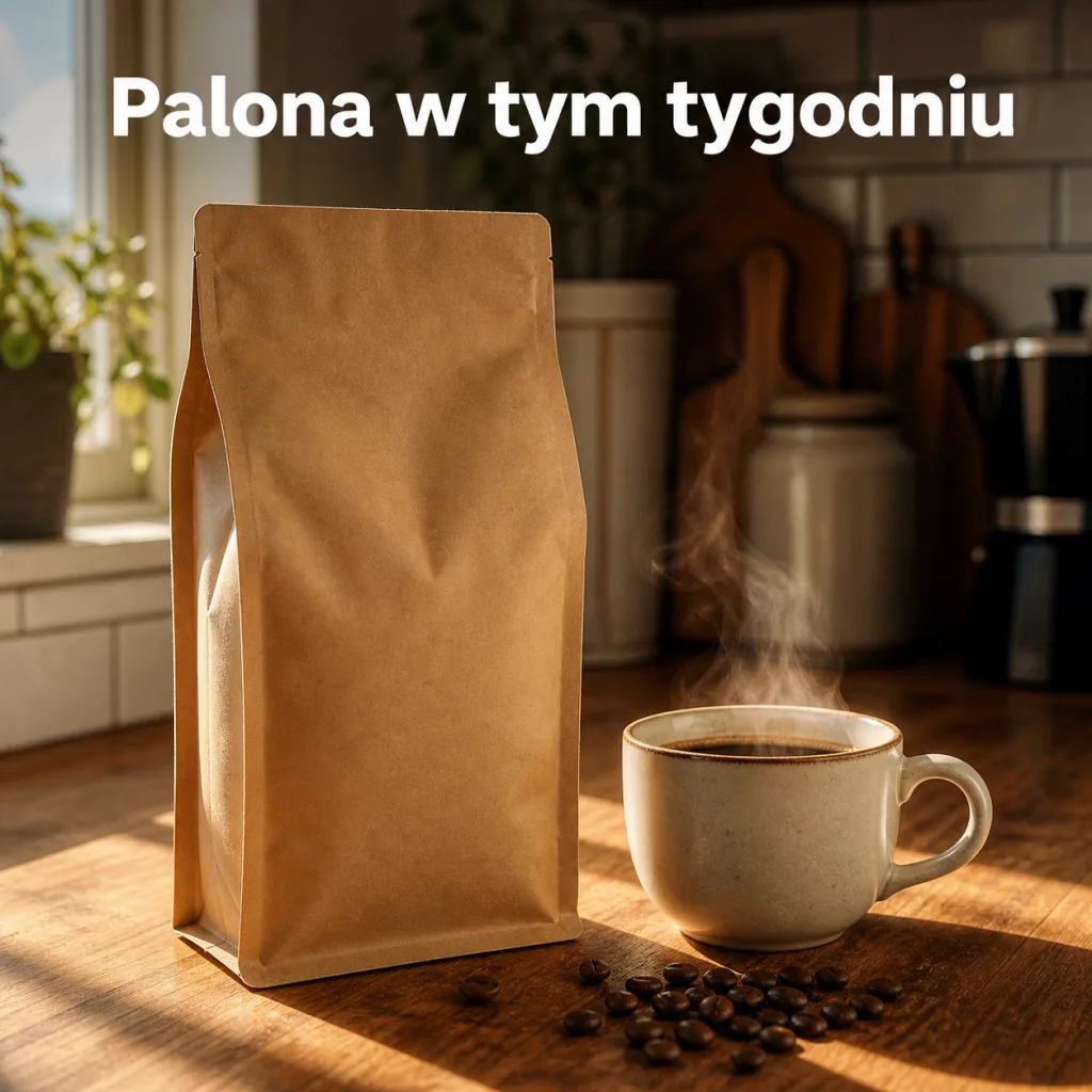 Reklama palarni kawy: paczka kawy i parująca filiżanka z napisem „Palona w tym tygodniu"