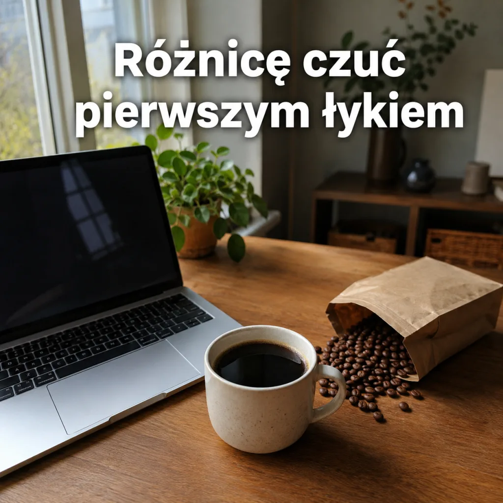 Reklama kawy: biurko z laptopem i kawą oraz napis „Różnicę czuć pierwszym łykiem"