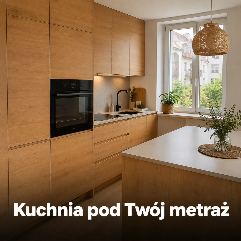 Reklama stolarni: zabudowa kuchenna na wymiar z napisem „Kuchnia pod Twój metraż"