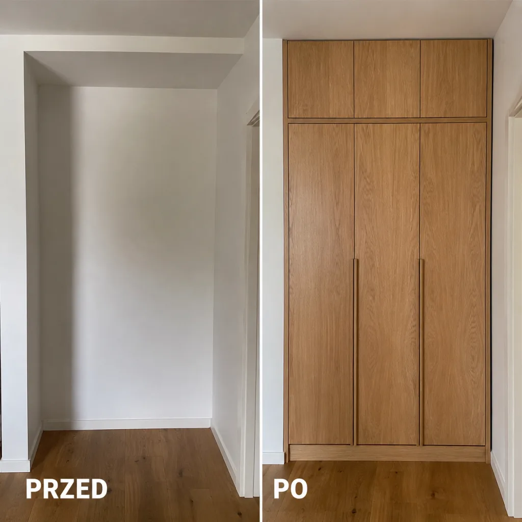 Reklama przed i po: pusta wnęka w ścianie oraz ta sama wnęka z szafą na wymiar