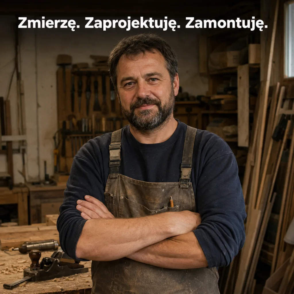Reklama ze stolarzem w warsztacie i napisem „Zmierzę. Zaprojektuję. Zamontuję."